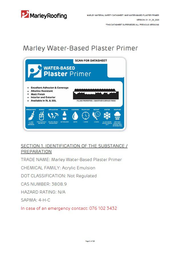 MSDS WATER BASED PLASTER PRIMER