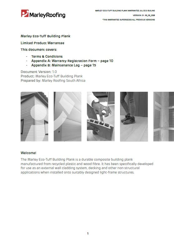 Eco-tuff Plank Warrantee with Registration Document and Maintenance log